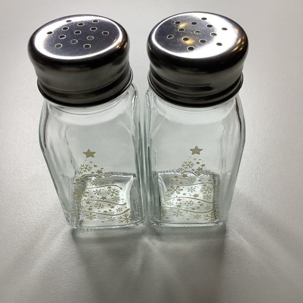 Christmas Gold Tree Design Glass Salt And Pepper Shaker Set. New In Box